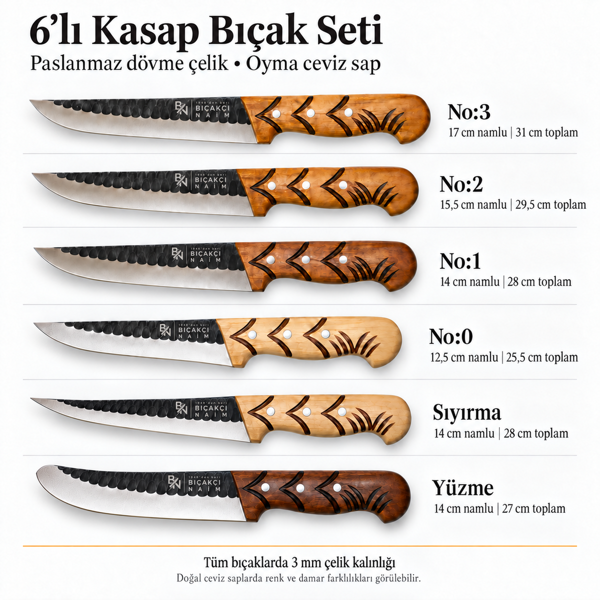Paslanmaz Dövme Çelik 6’lı Kasap Bıçak Seti | Oyma Ceviz Sap