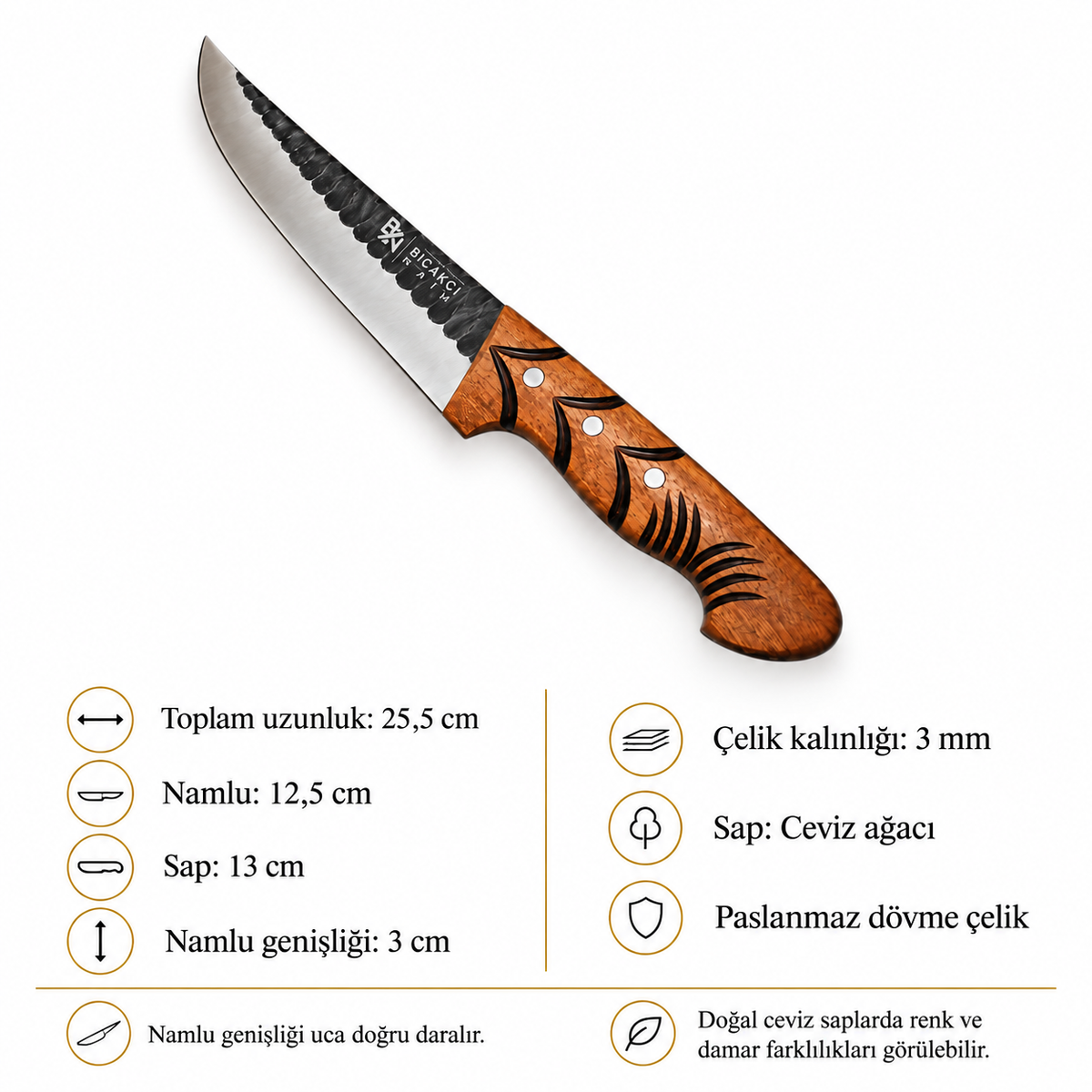 Paslanmaz Dövme Çelik Kasap Bıçağı No:0 | Oyma Ceviz Sap